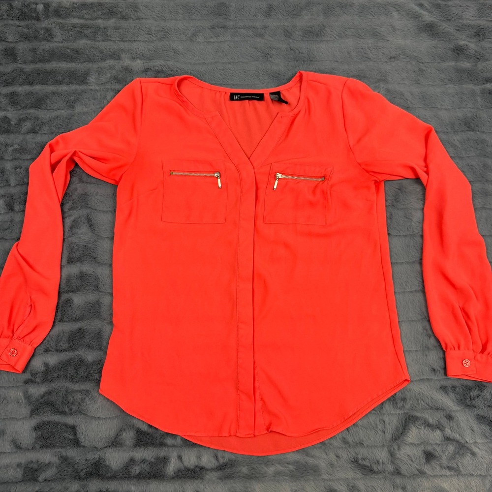 INC International Concepts Neon Coral Orange Zip Pocket V-Neck Blouse Size 0